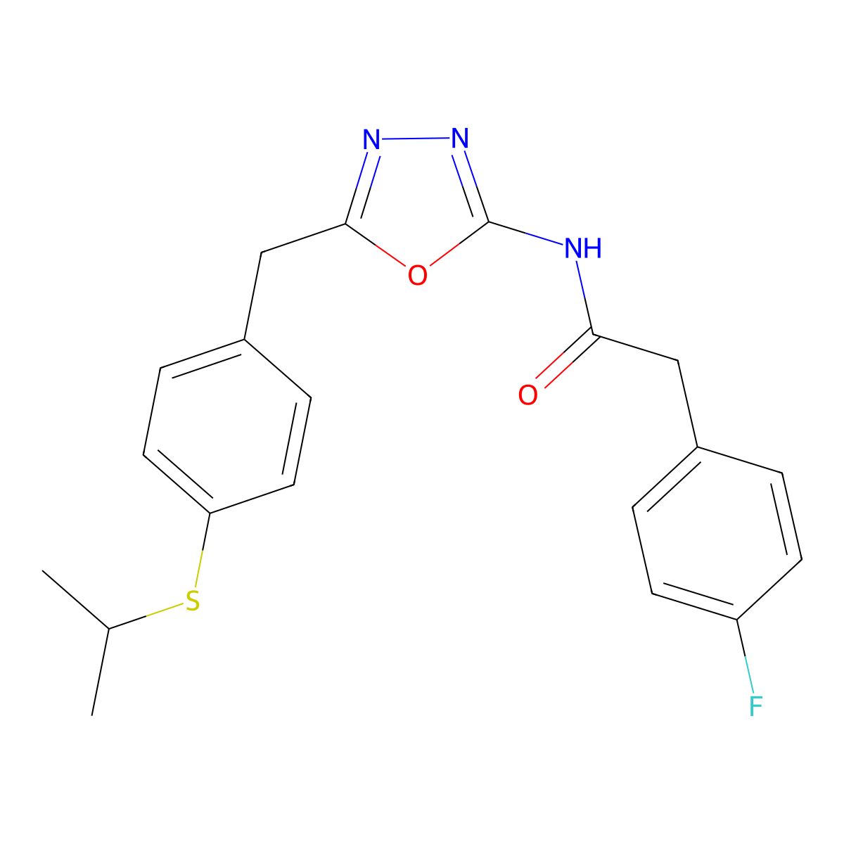 2-(4-fluorophenyl)-N-(5-(4-(isopropylthio)benzyl)-1,3,4-oxadiazol-2-yl)acetamide molecular structure, CAS 1172888-07-1