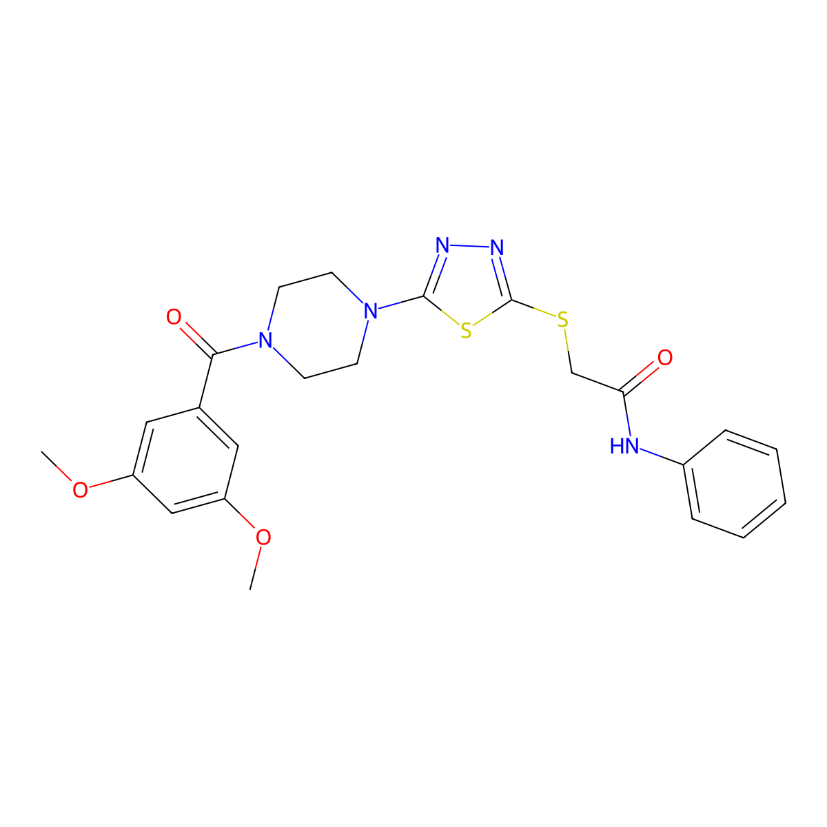 2-((5-(4-(3,5-dimethoxybenzoyl)piperazin-1-yl)-1,3,4-thiadiazol-2-yl)thio)-N-phenylacetamide molecular structure, CAS 1172888-60-6