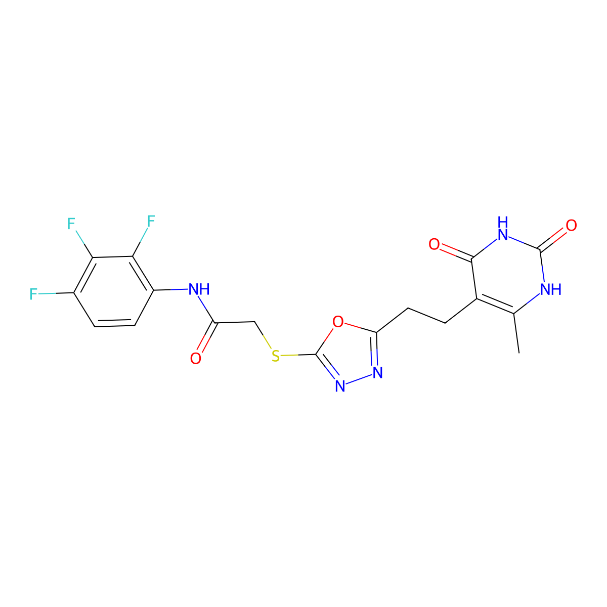 2-((5-(2-(6-methyl-2,4-dioxo-1,2,3,4-tetrahydropyrimidin-5-yl)ethyl)-1,3,4-oxadiazol-2-yl)thio)-N-(2,3,4-trifluorophenyl)acetamide molecular structure, CAS 1172889-77-8