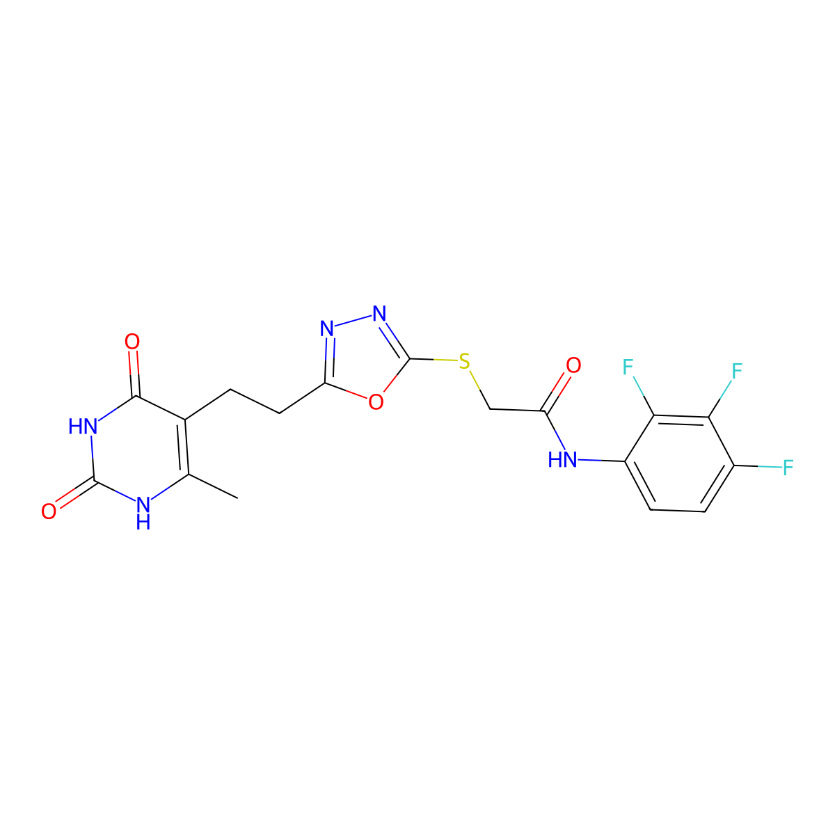 2-((5-(2-(6-methyl-2,4-dioxo-1,2,3,4-tetrahydropyrimidin-5-yl)ethyl)-1,3,4-oxadiazol-2-yl)thio)-N-(2,3,4-trifluorophenyl)acetamide molecular structure, CAS 1172889-77-8