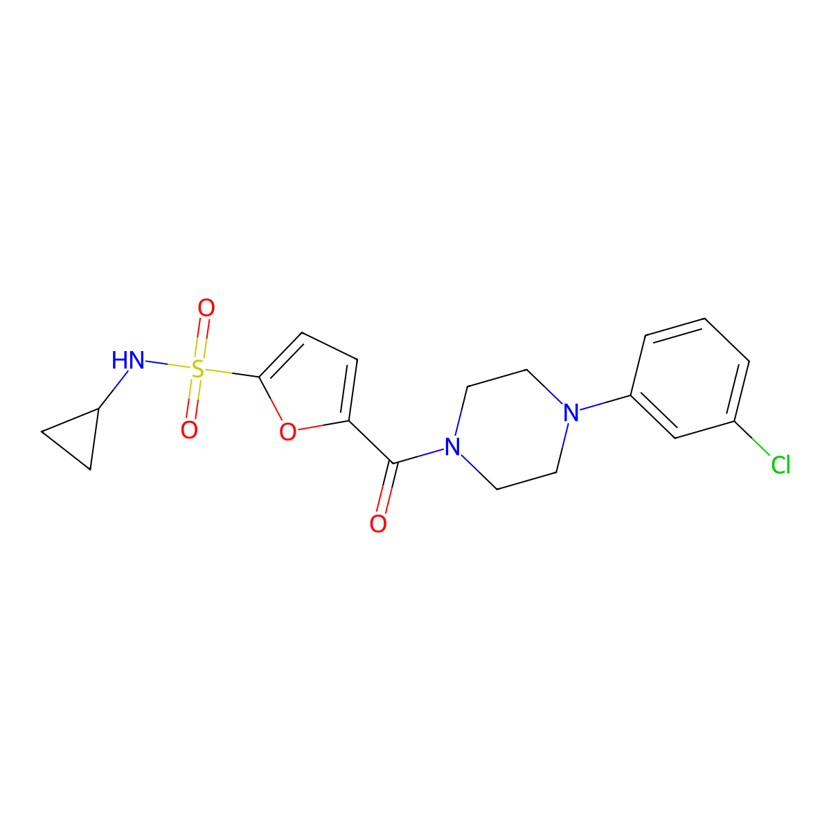 5-[4-(3-chlorophenyl)piperazine-1-carbonyl]-N-cyclopropylfuran-2-sulfonamide molecular structure, CAS 1172889-88-1