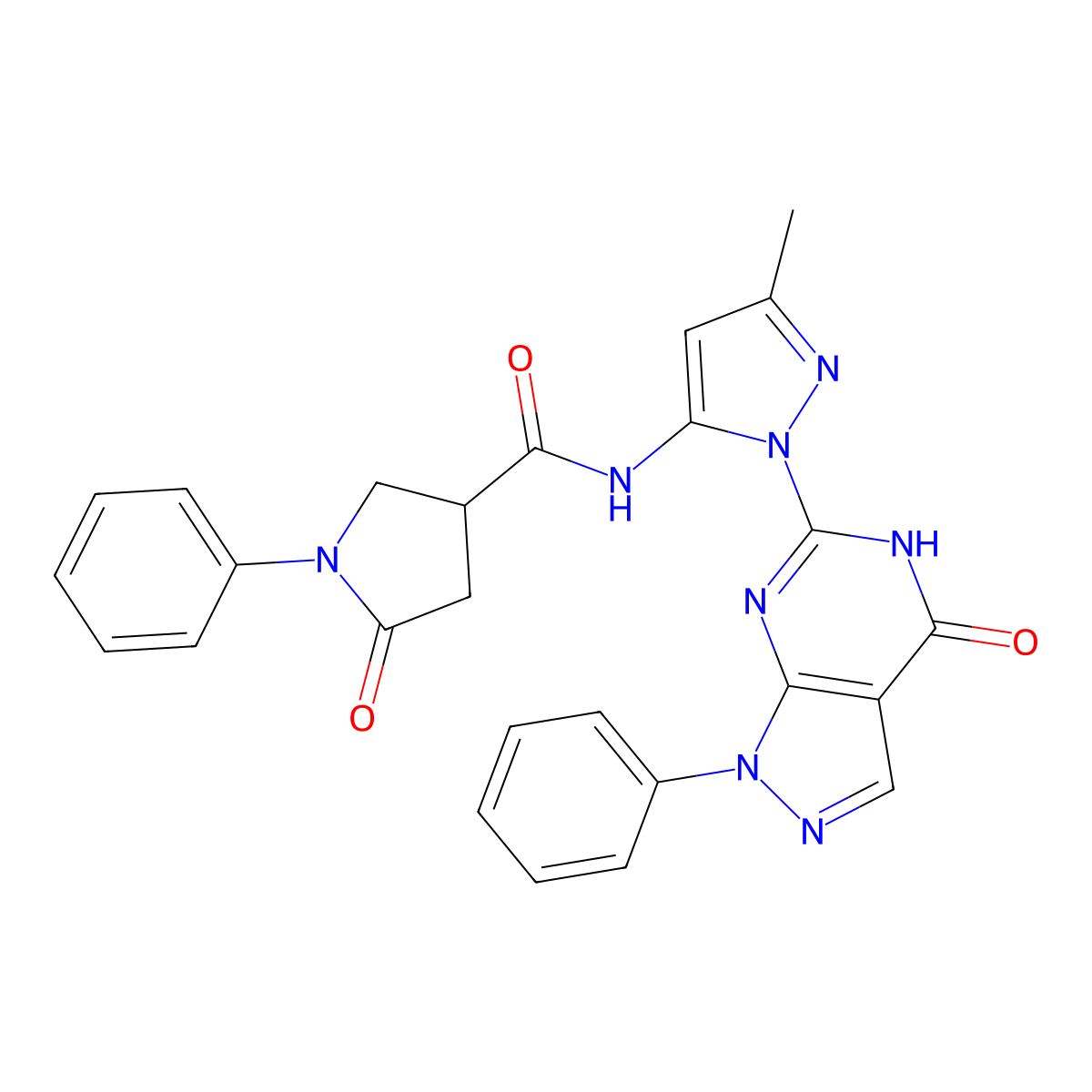 N-(3-methyl-1-(4-oxo-1-phenyl-4,5-dihydro-1H-pyrazolo[3,4-d]pyrimidin-6-yl)-1H-pyrazol-5-yl)-5-oxo-1-phenylpyrrolidine-3-carboxamide molecular structure, CAS 1172893-21-8
