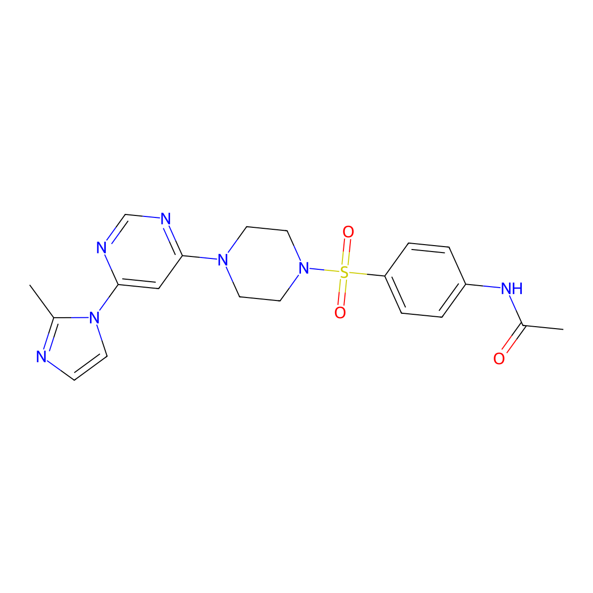 N-(4-((4-(6-(2-methyl-1H-imidazol-1-yl)pyrimidin-4-yl)piperazin-1-yl)sulfonyl)phenyl)acetamide molecular structure, CAS 1172894-40-4