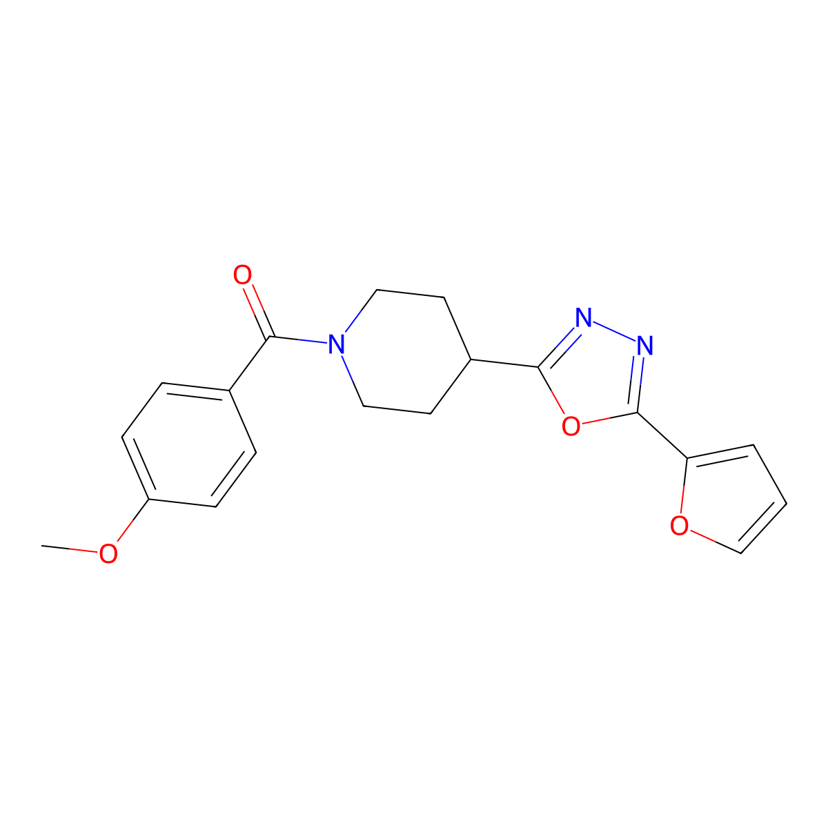 (4-(5-(Furan-2-yl)-1,3,4-oxadiazol-2-yl)piperidin-1-yl)(4-methoxyphenyl)methanone molecular structure, CAS 1172896-03-5