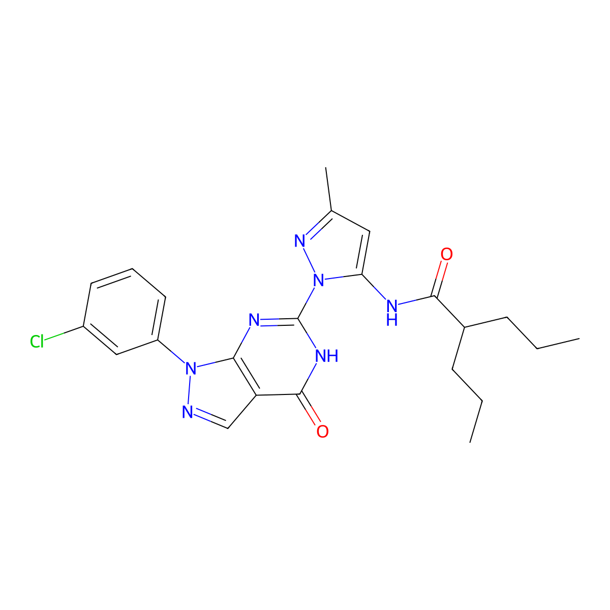 N-(1-(1-(3-chlorophenyl)-4-oxo-4,5-dihydro-1H-pyrazolo[3,4-d]pyrimidin-6-yl)-3-methyl-1H-pyrazol-5-yl)-2-propylpentanamide molecular structure, CAS 1172896-98-8