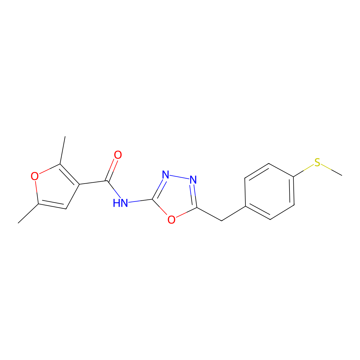2,5-dimethyl-N-(5-(4-(methylthio)benzyl)-1,3,4-oxadiazol-2-yl)furan-3-carboxamide molecular structure, CAS 1172898-40-6