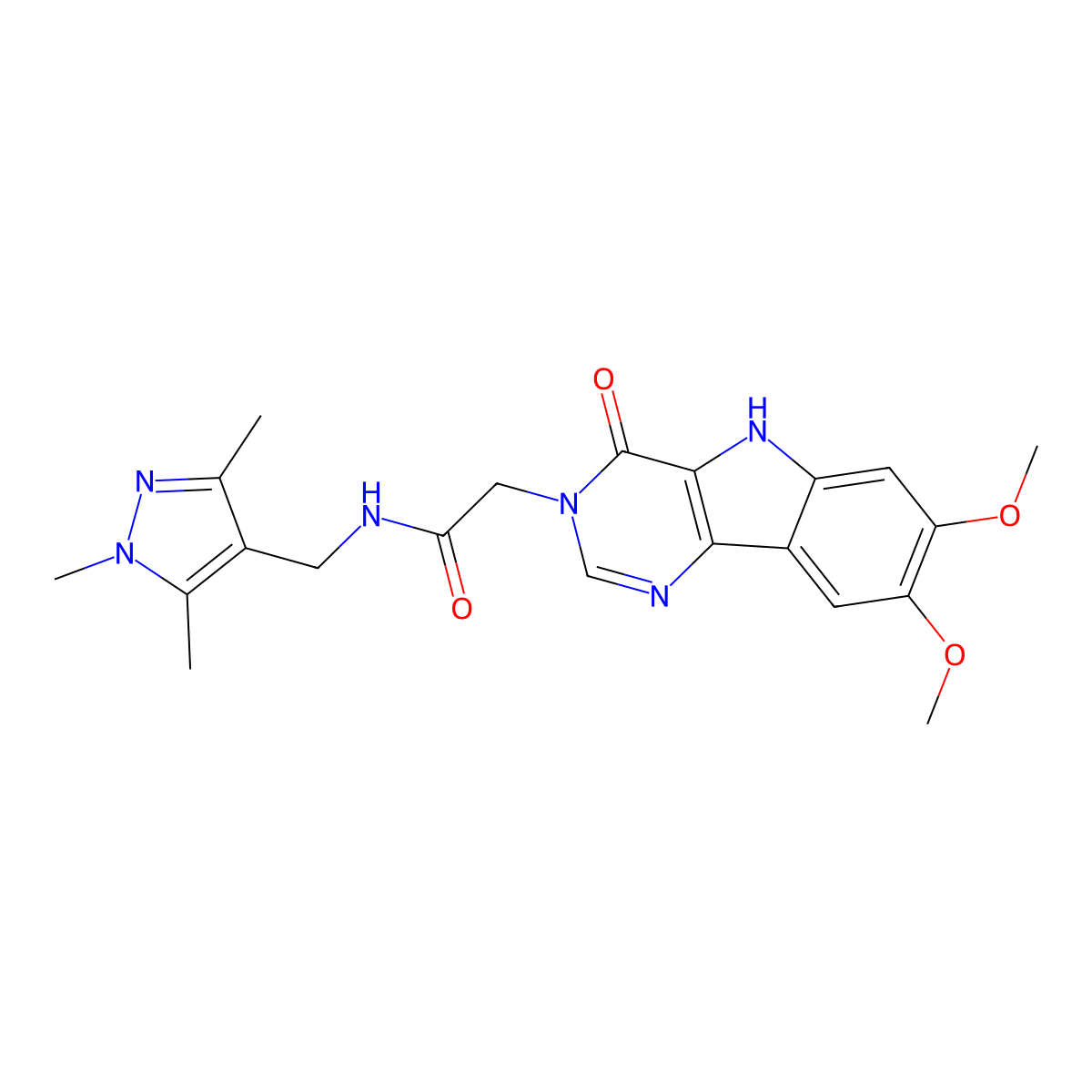 2-(7,8-dimethoxy-4-oxo-4,5-dihydro-3H-pyrimido[5,4-b]indol-3-yl)-N-((1,3,5-trimethyl-1H-pyrazol-4-yl)methyl)acetamide molecular structure, CAS 1172905-18-8