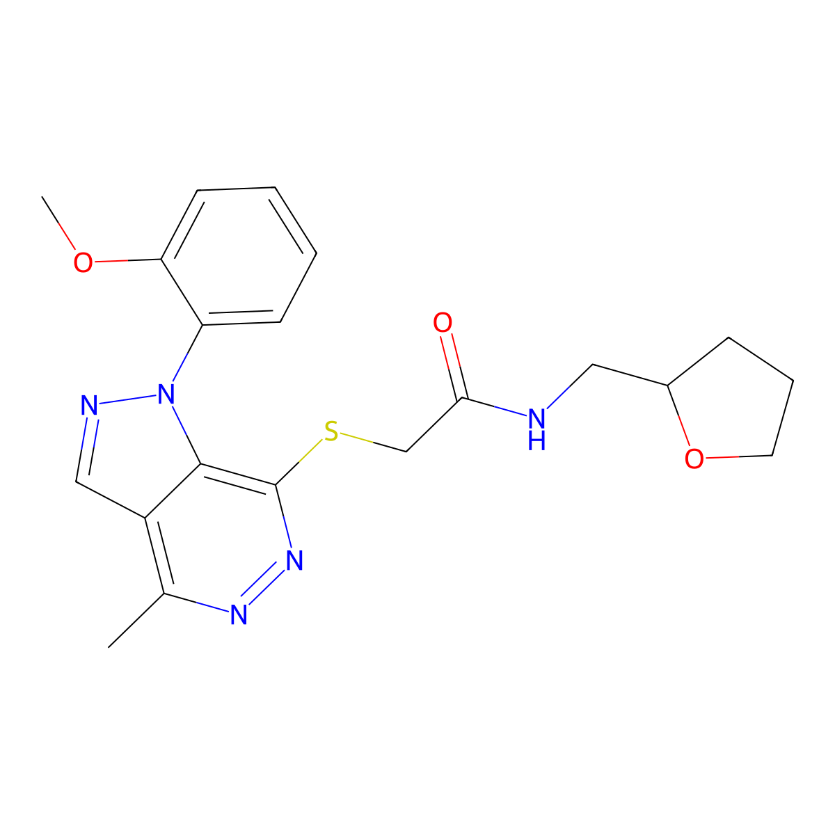 2-((1-(2-methoxyphenyl)-4-methyl-1H-pyrazolo[3,4-d]pyridazin-7-yl)thio)-N-((tetrahydrofuran-2-yl)methyl)acetamide molecular structure, CAS 1172905-92-8