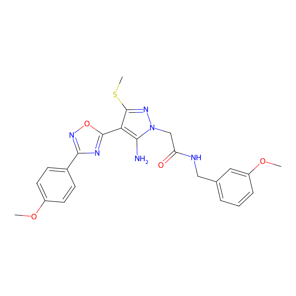 2-{5-amino-4-[3-(4-methoxyphenyl)-1,2,4-oxadiazol-5-yl]-3-(methylsulfanyl)-1H-pyrazol-1-yl}-N-[(3-methoxyphenyl)methyl]acetamide molecular structure, CAS 1172908-57-4