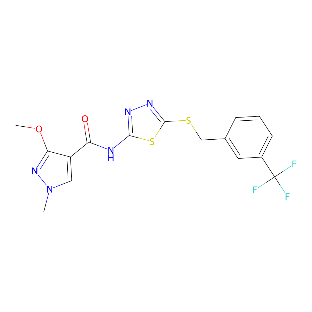 3-methoxy-1-methyl-N-(5-((3-(trifluoromethyl)benzyl)thio)-1,3,4-thiadiazol-2-yl)-1H-pyrazole-4-carboxamide molecular structure, CAS 1172910-79-0