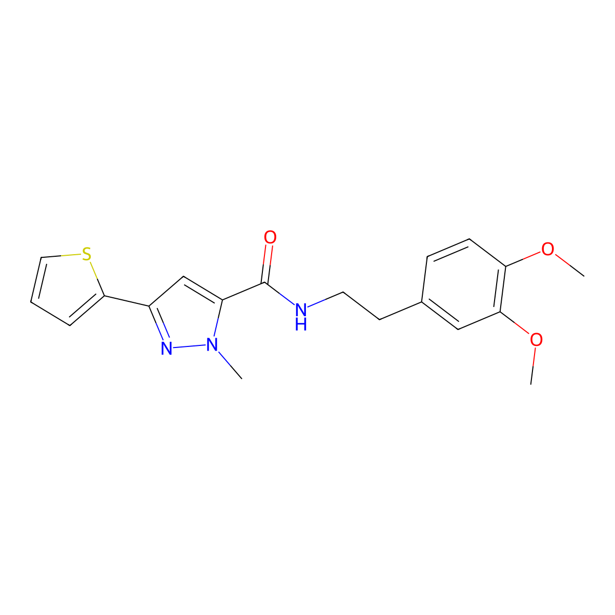 N-(3,4-dimethoxyphenethyl)-1-methyl-3-(2-thienyl)-1H-pyrazole-5-carboxamide molecular structure, CAS 1172910-89-2