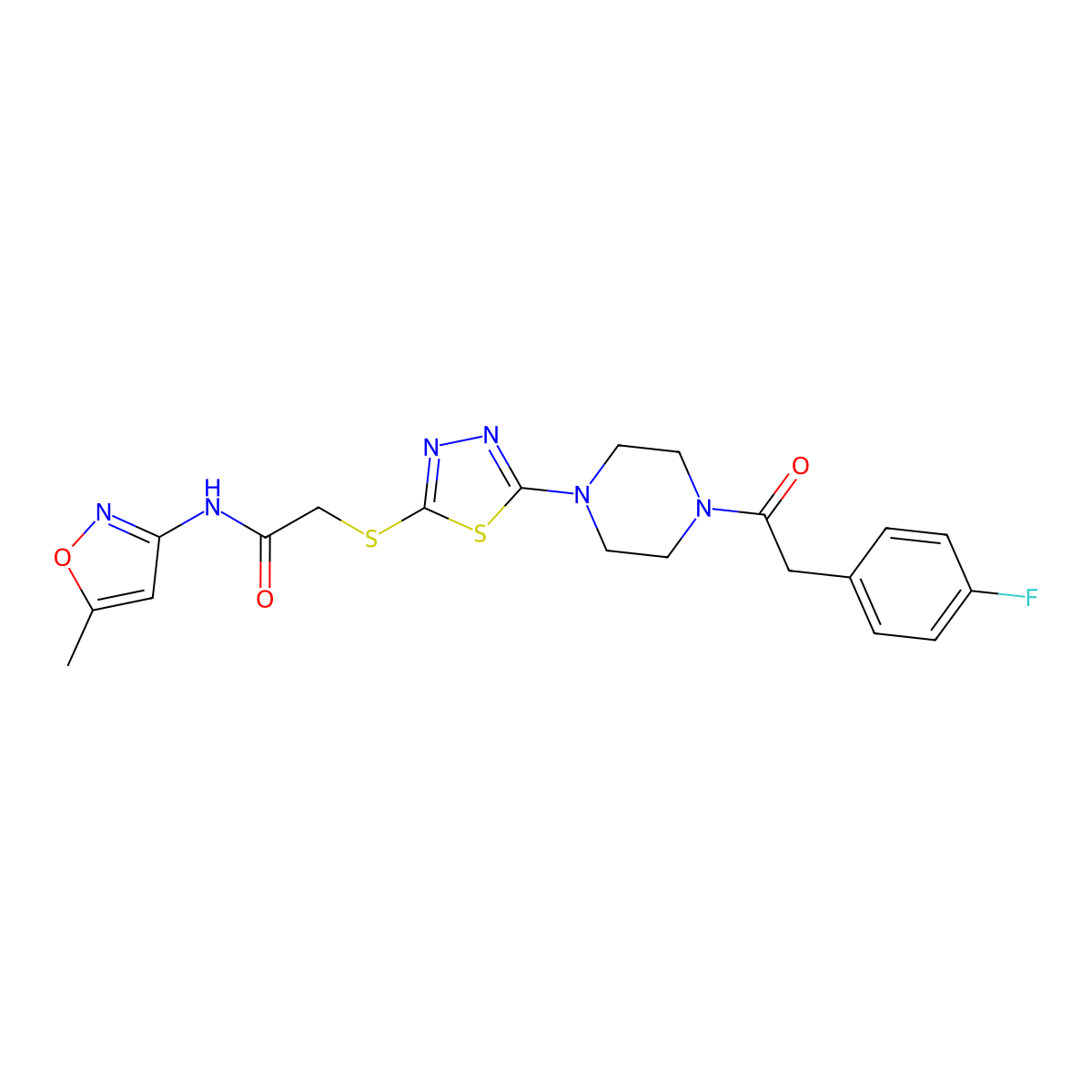 2-((5-(4-(2-(4-fluorophenyl)acetyl)piperazin-1-yl)-1,3,4-thiadiazol-2-yl)thio)-N-(5-methylisoxazol-3-yl)acetamide molecular structure, CAS 1172911-81-7