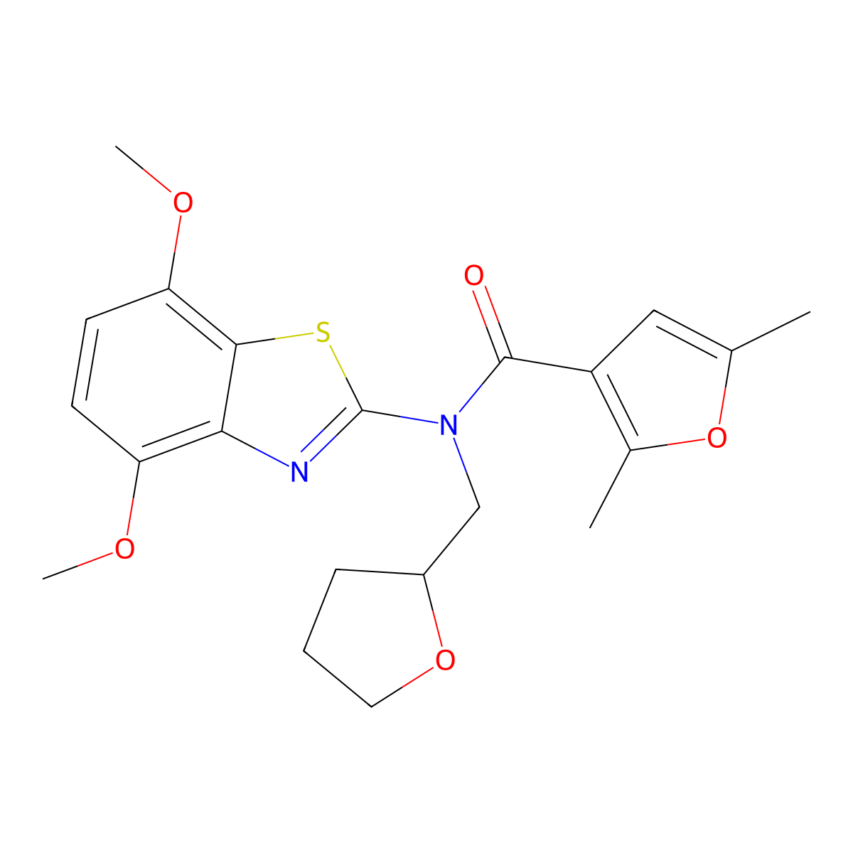 N-(4,7-dimethoxybenzo[d]thiazol-2-yl)-2,5-dimethyl-N-((tetrahydrofuran-2-yl)methyl)furan-3-carboxamide molecular structure, CAS 1172912-77-4