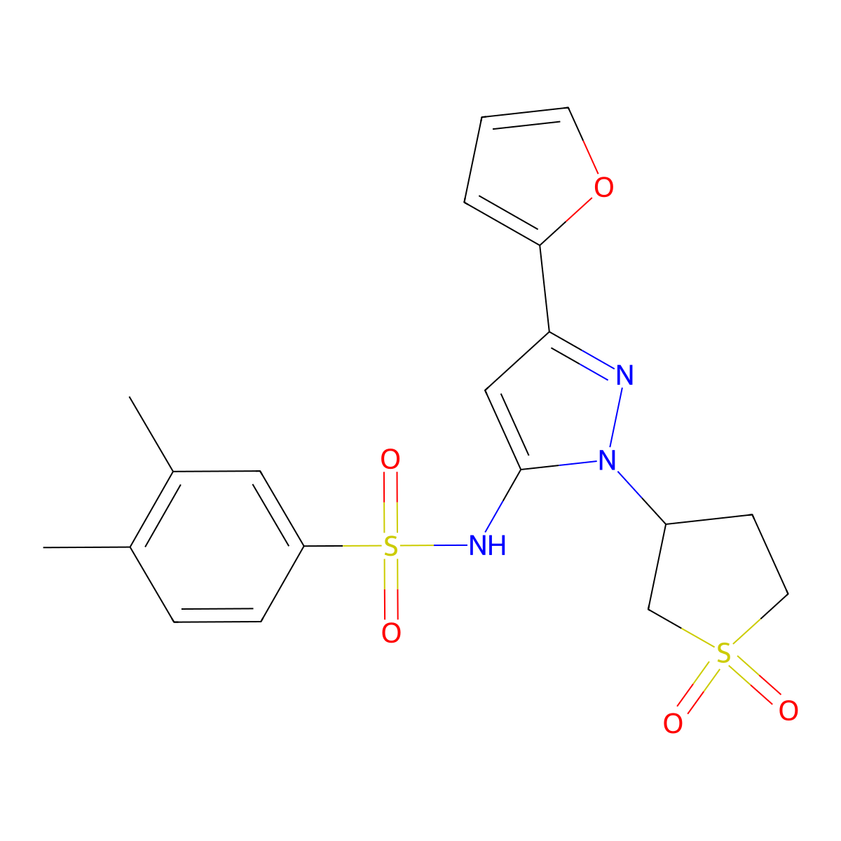 N-(1-(1,1-dioxidotetrahydrothiophen-3-yl)-3-(furan-2-yl)-1H-pyrazol-5-yl)-3,4-dimethylbenzenesulfonamide molecular structure, CAS 1172913-43-7