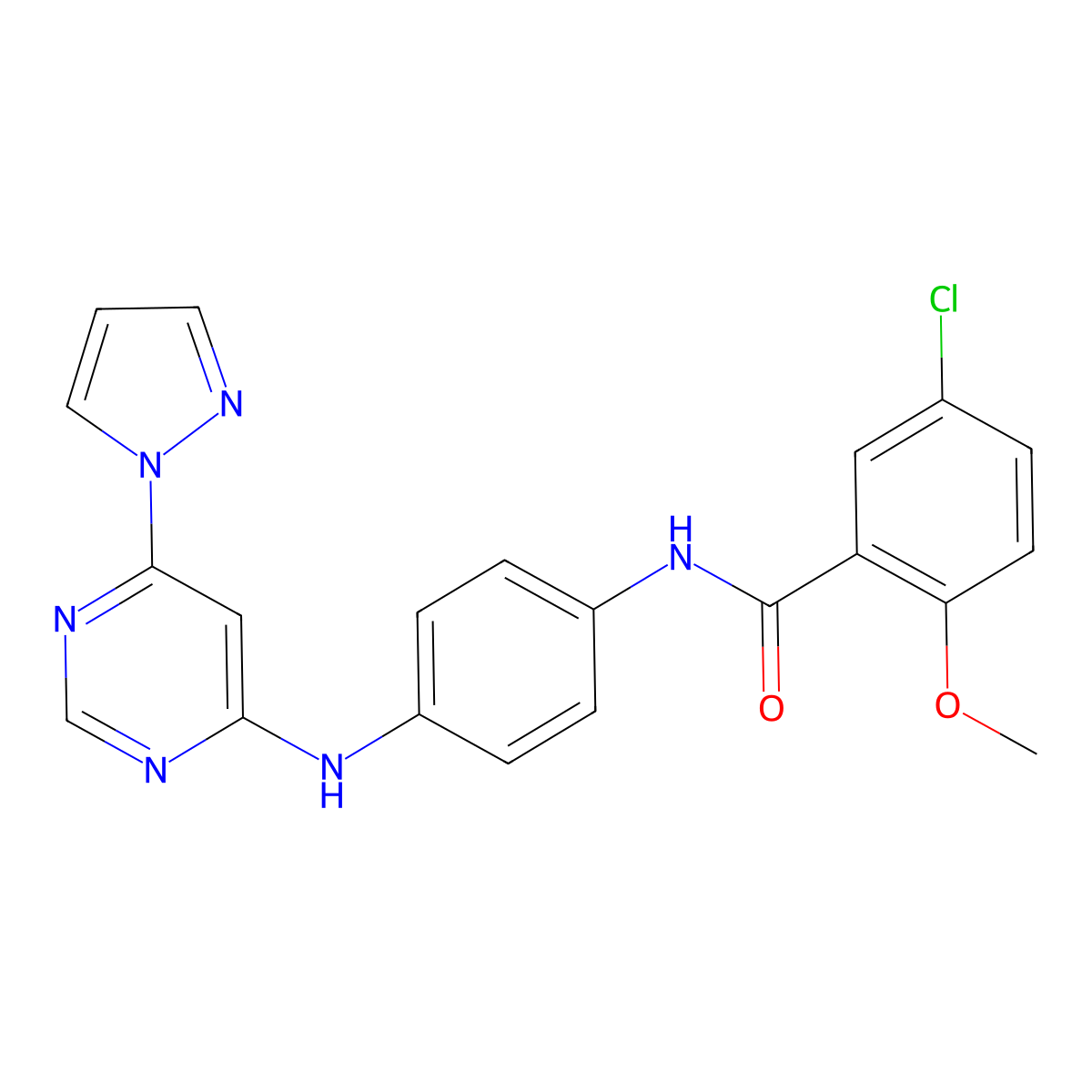 N-(4-((6-(1H-pyrazol-1-yl)pyrimidin-4-yl)amino)phenyl)-5-chloro-2-methoxybenzamide molecular structure, CAS 1172913-73-3