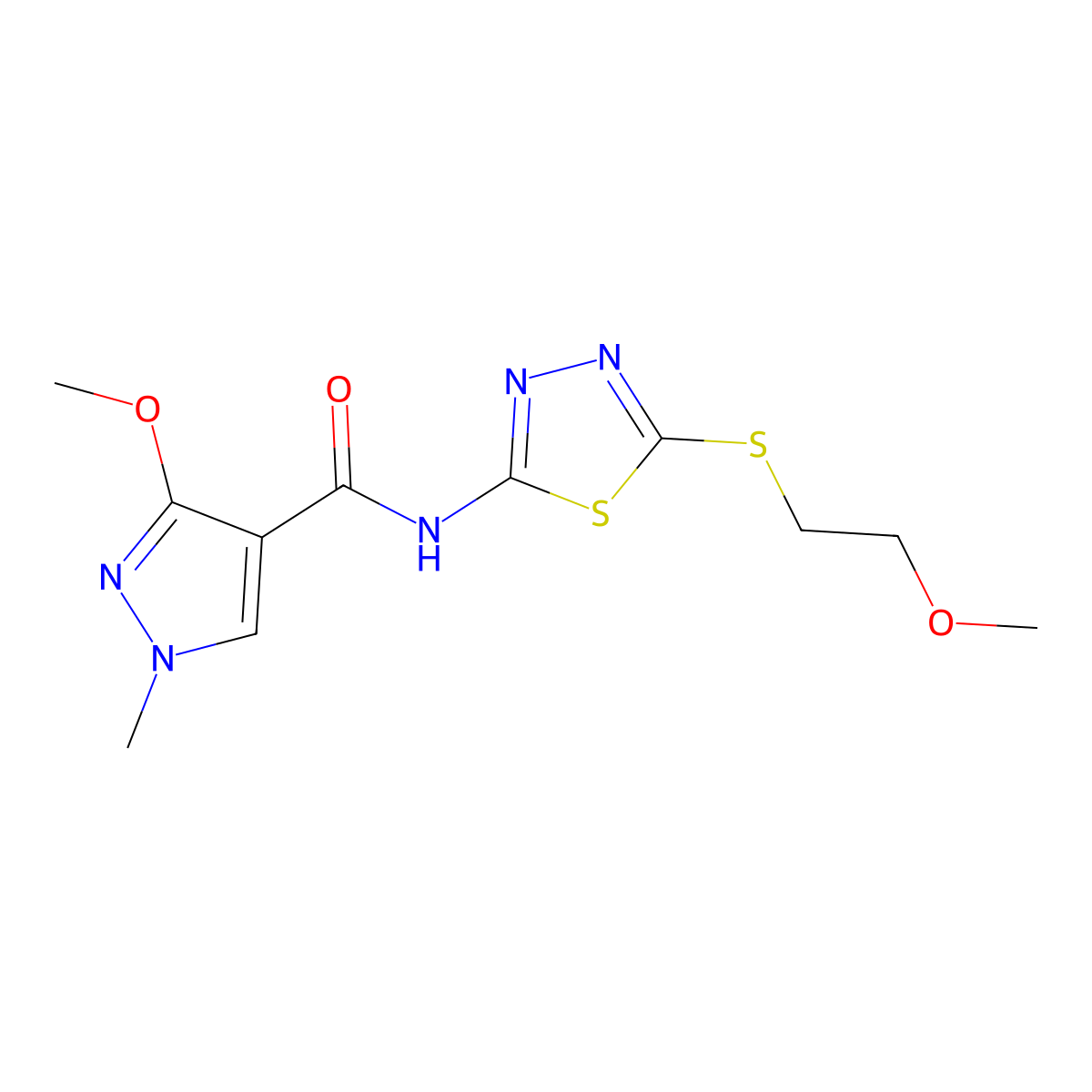 3-methoxy-N-(5-((2-methoxyethyl)thio)-1,3,4-thiadiazol-2-yl)-1-methyl-1H-pyrazole-4-carboxamide molecular structure, CAS 1172915-21-7