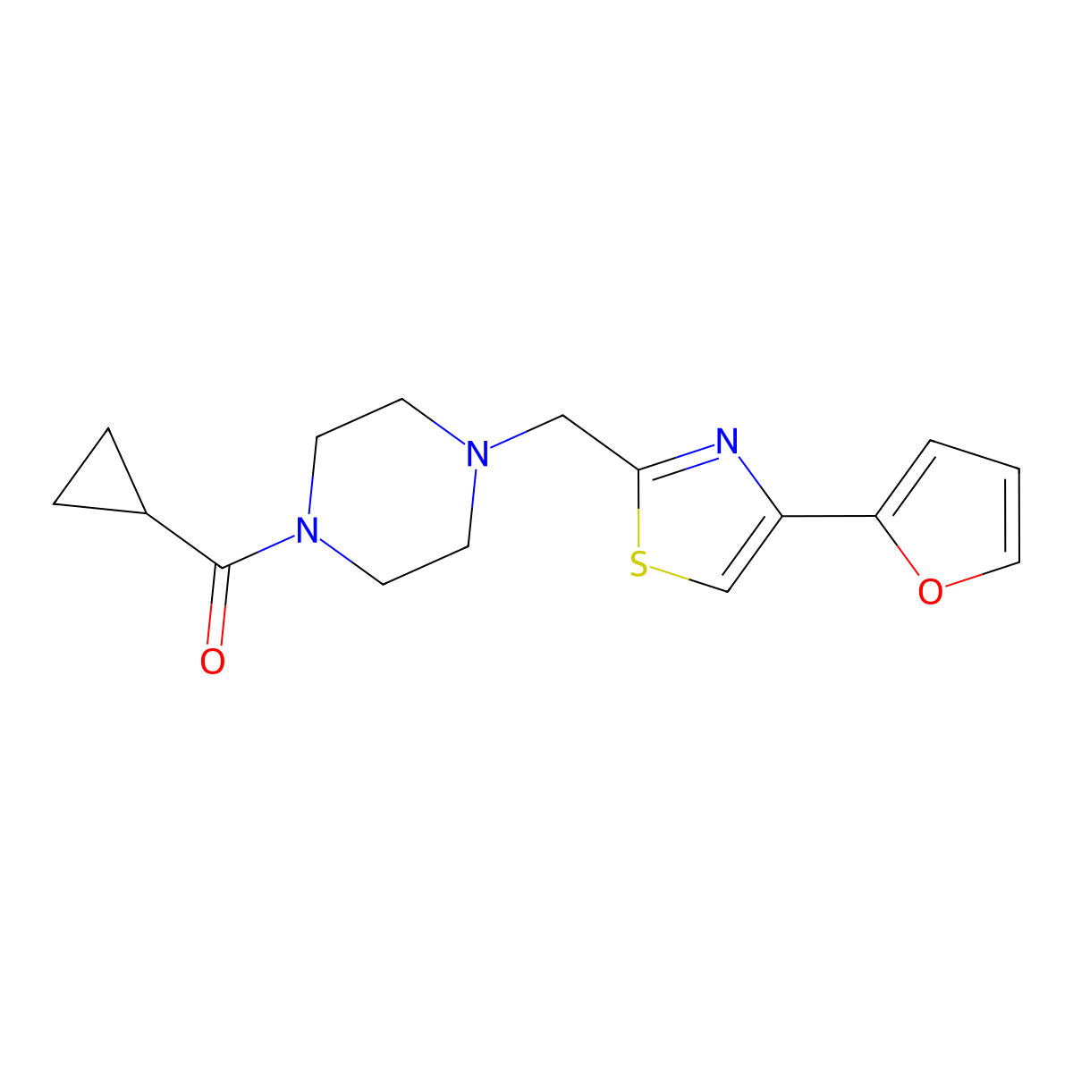 Cyclopropyl(4-((4-(furan-2-yl)thiazol-2-yl)methyl)piperazin-1-yl)methanone molecular structure, CAS 1172915-75-1