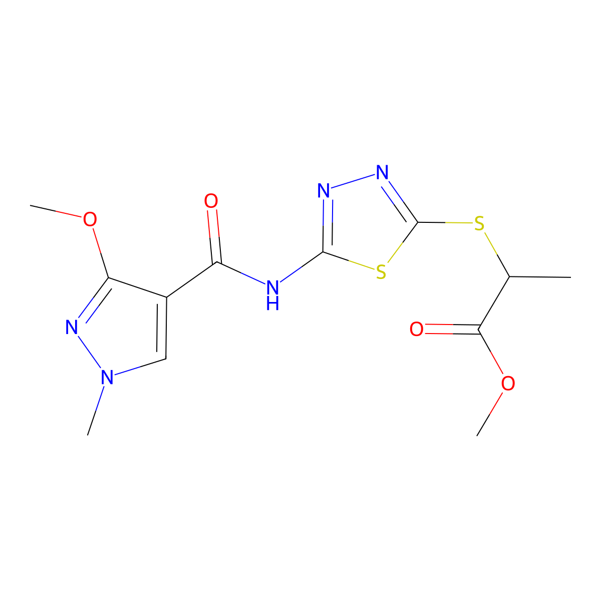 methyl 2-((5-(3-methoxy-1-methyl-1H-pyrazole-4-carboxamido)-1,3,4-thiadiazol-2-yl)thio)propanoate molecular structure, CAS 1172917-91-7