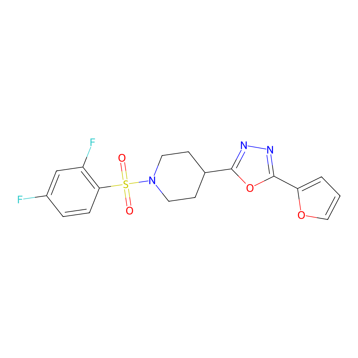 2-(1-((2,4-Difluorophenyl)sulfonyl)piperidin-4-yl)-5-(furan-2-yl)-1,3,4-oxadiazole molecular structure, CAS 1172919-29-7