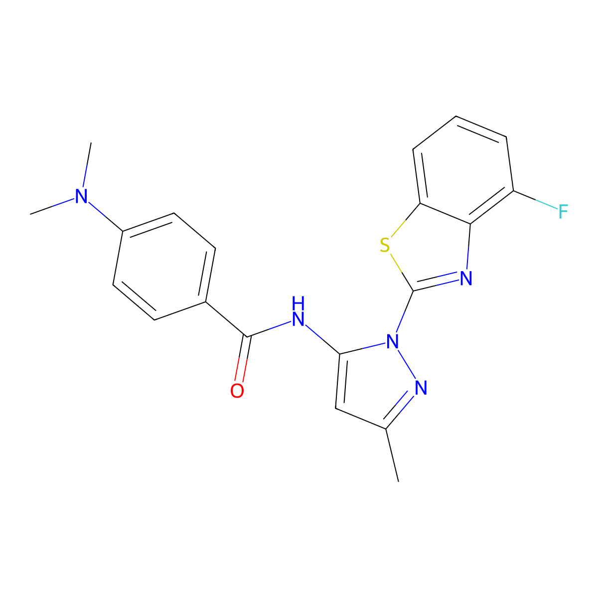 4-(dimethylamino)-N-(1-(4-fluorobenzo[d]thiazol-2-yl)-3-methyl-1H-pyrazol-5-yl)benzamide molecular structure, CAS 1172919-83-3