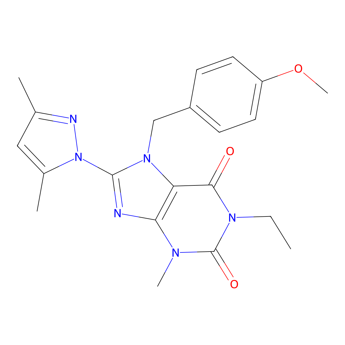 8-(3,5-dimethyl-1H-pyrazol-1-yl)-1-ethyl-7-(4-methoxybenzyl)-3-methyl-1H-purine-2,6(3H,7H)-dione molecular structure, CAS 1172921-77-5