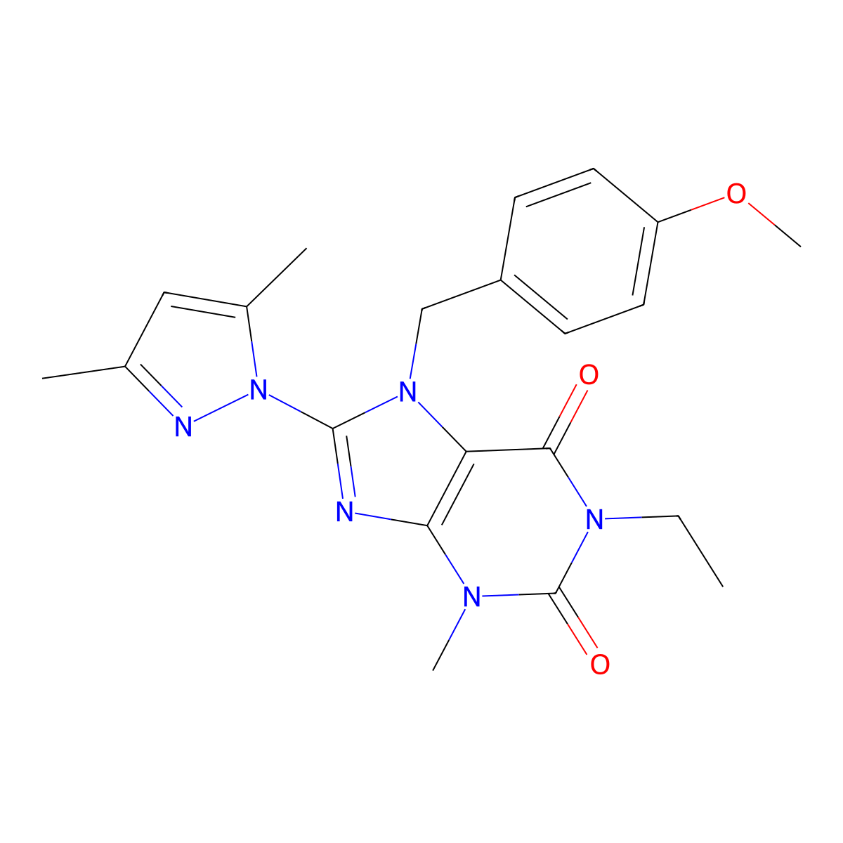 8-(3,5-dimethyl-1H-pyrazol-1-yl)-1-ethyl-7-(4-methoxybenzyl)-3-methyl-1H-purine-2,6(3H,7H)-dione molecular structure, CAS 1172921-77-5
