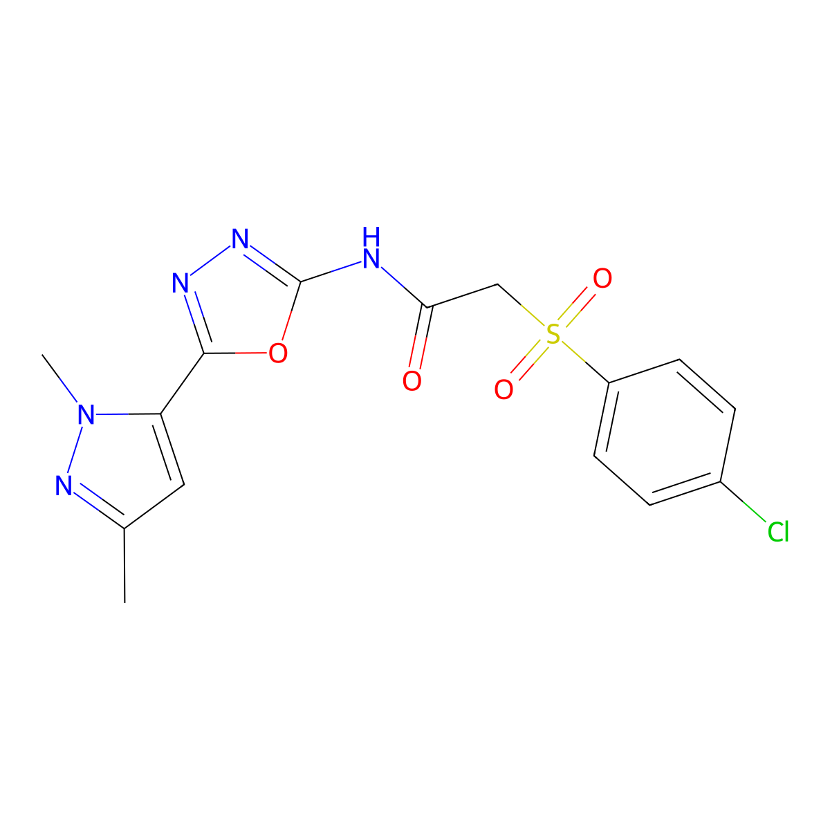 2-(4-chlorobenzenesulfonyl)-N-[5-(1,3-dimethyl-1H-pyrazol-5-yl)-1,3,4-oxadiazol-2-yl]acetamide molecular structure, CAS 1172922-57-4