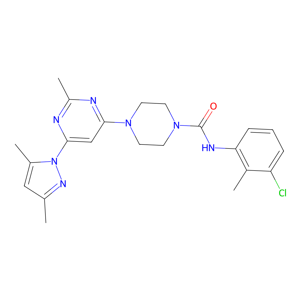 N-(3-chloro-2-methylphenyl)-4-(6-(3,5-dimethyl-1H-pyrazol-1-yl)-2-methylpyrimidin-4-yl)piperazine-1-carboxamide molecular structure, CAS 1172926-64-5