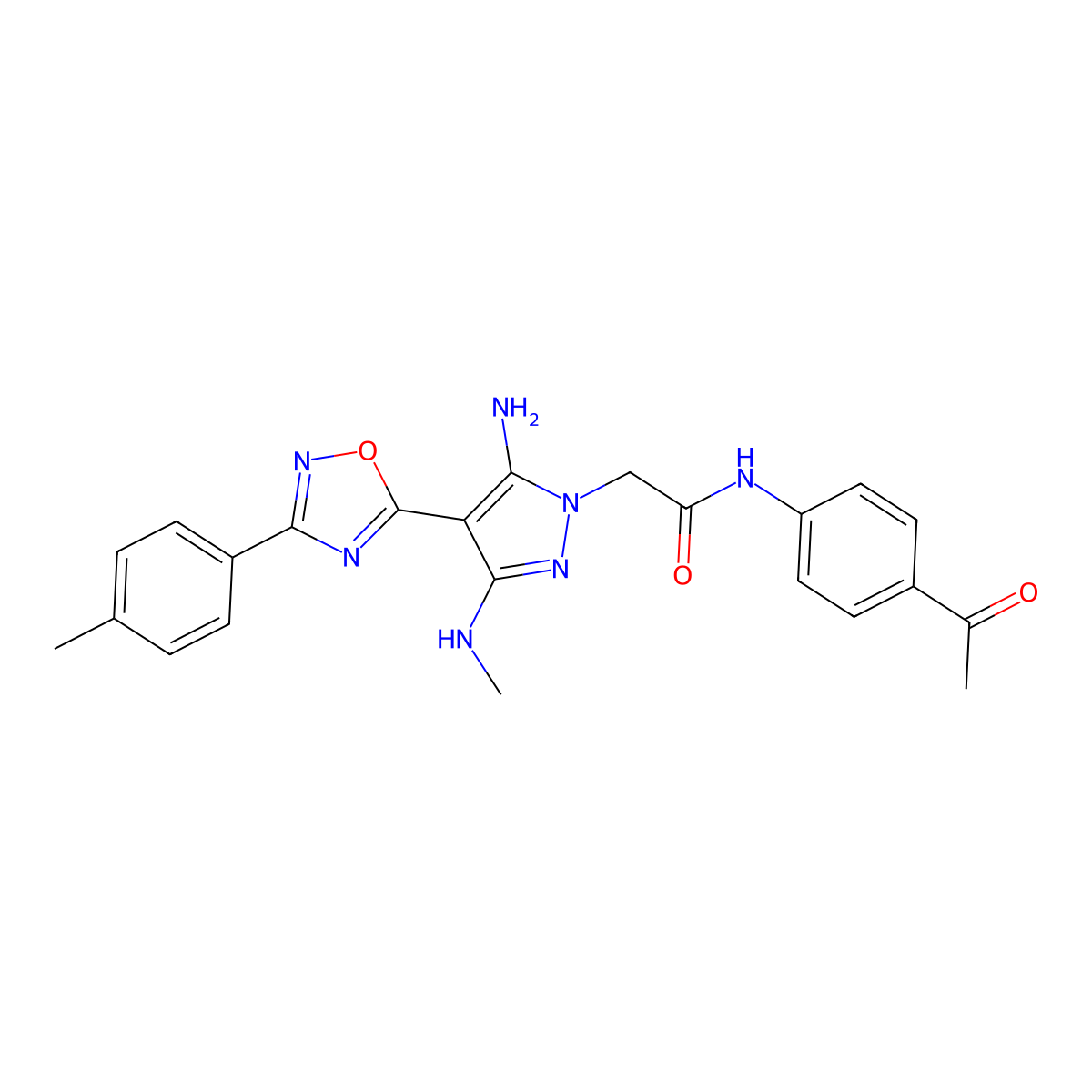 N-(4-acetylphenyl)-2-[5-amino-3-(methylamino)-4-[3-(4-methylphenyl)-1,2,4-oxadiazol-5-yl]-1H-pyrazol-1-yl]acetamide molecular structure, CAS 1172927-62-6