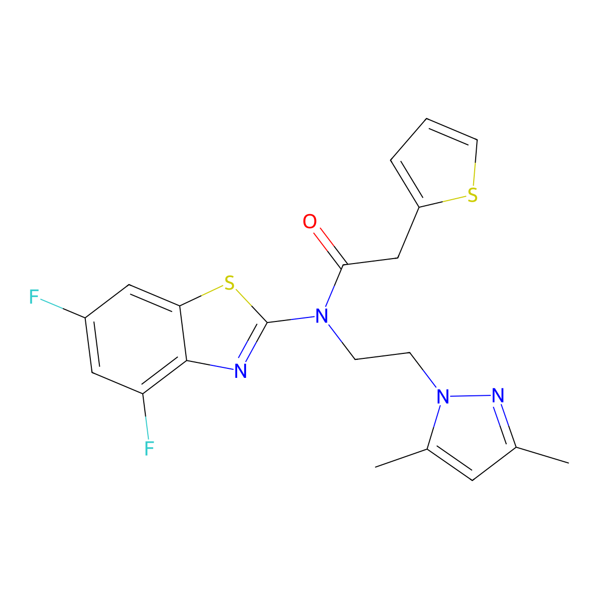N-(4,6-difluoro-1,3-benzothiazol-2-yl)-N-[2-(3,5-dimethyl-1H-pyrazol-1-yl)ethyl]-2-(thiophen-2-yl)acetamide molecular structure, CAS 1172928-55-0