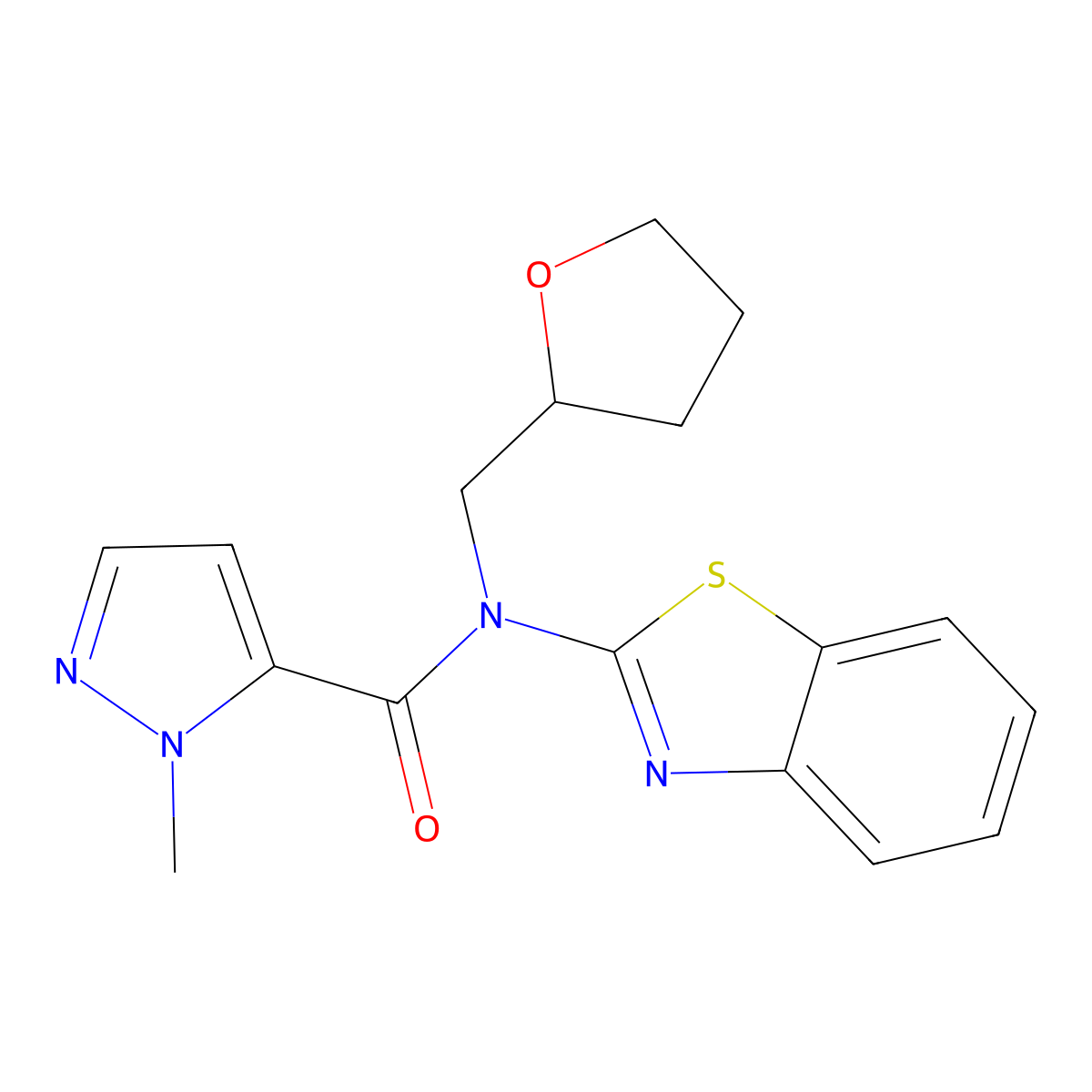 N-(benzo[d]thiazol-2-yl)-1-methyl-N-((tetrahydrofuran-2-yl)methyl)-1H-pyrazole-5-carboxamide molecular structure, CAS 1172929-47-3