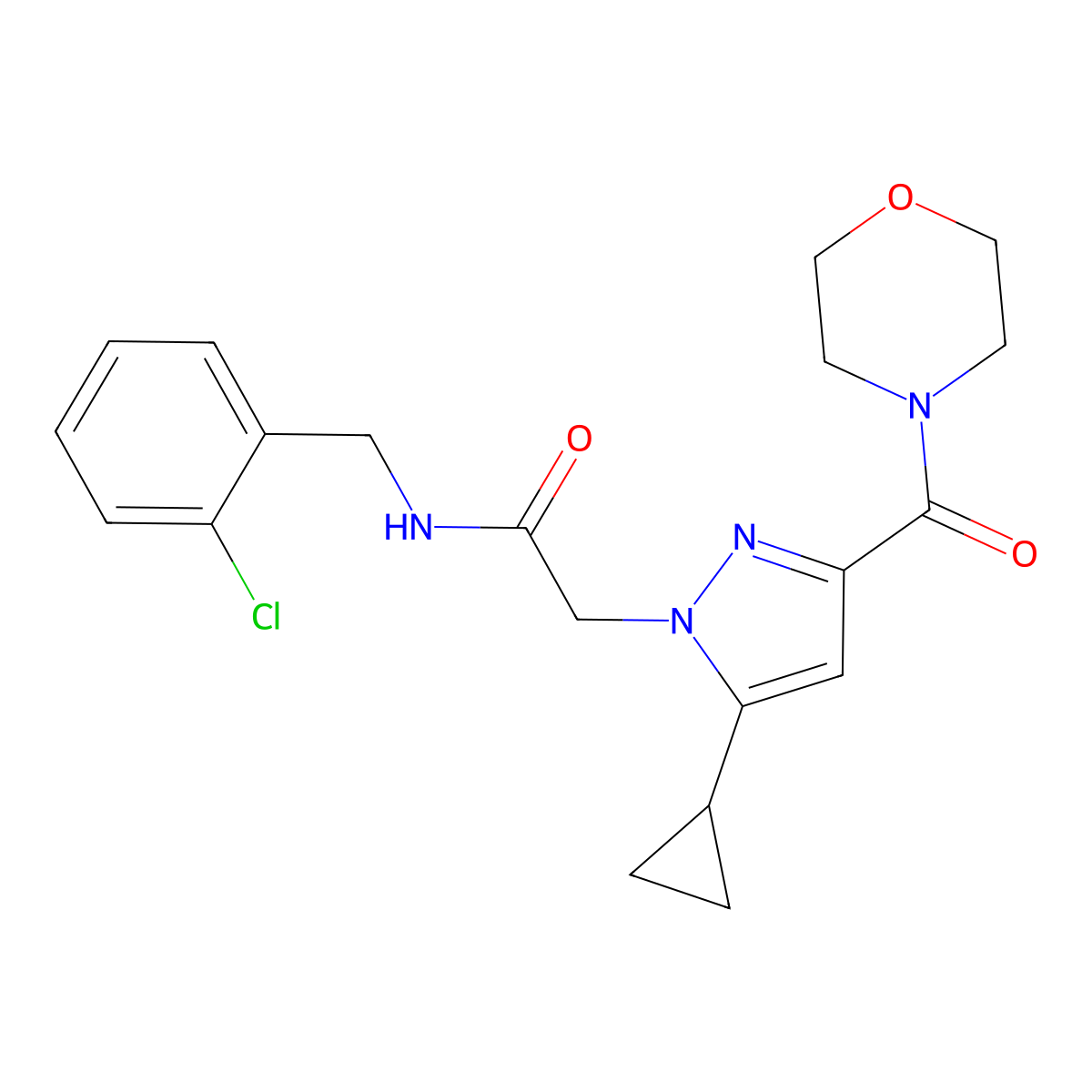 N-(2-chlorobenzyl)-2-(5-cyclopropyl-3-(morpholine-4-carbonyl)-1H-pyrazol-1-yl)acetamide molecular structure, CAS 1172930-40-3