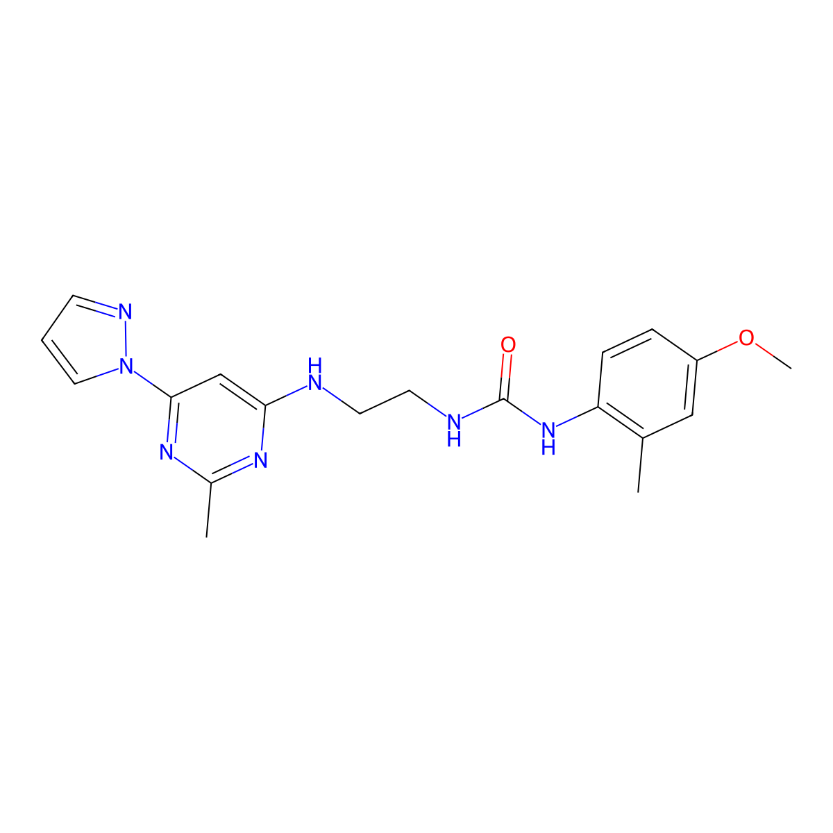 1-(4-methoxy-2-methylphenyl)-3-(2-((2-methyl-6-(1H-pyrazol-1-yl)pyrimidin-4-yl)amino)ethyl)urea molecular structure, CAS 1172932-96-5