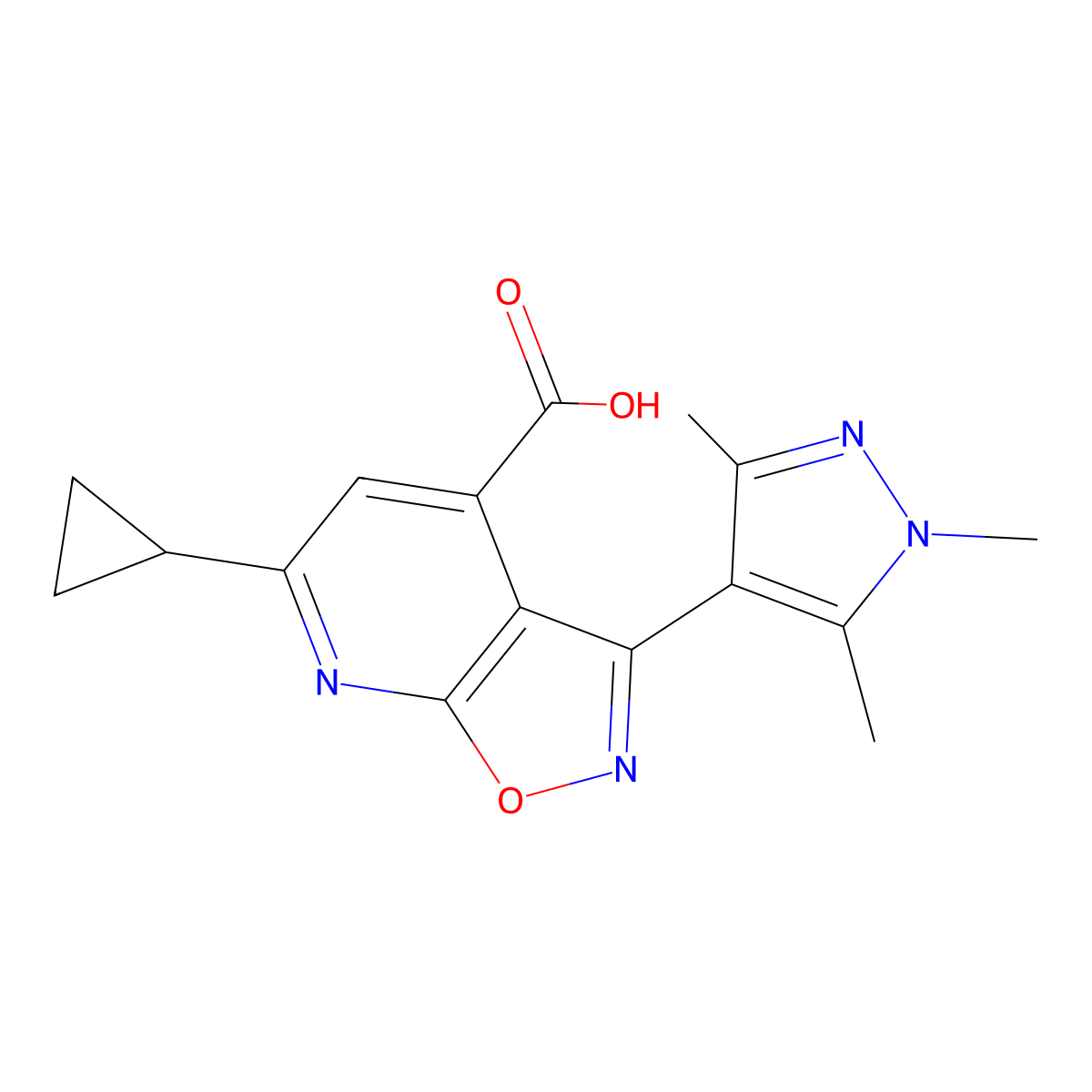 6-Cyclopropyl-3-(1,3,5-trimethyl-1H-pyrazol-4-yl)isoxazolo[5,4-b]pyridine-4-carboxylic acid molecular structure, CAS 1172933-01-5