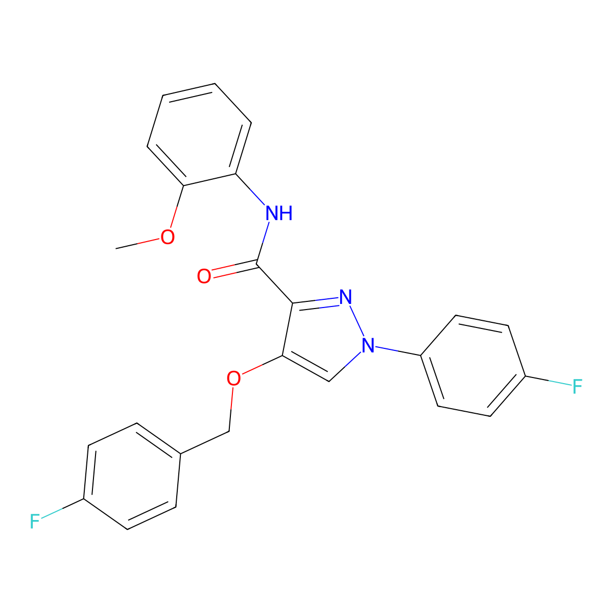 4-((4-fluorobenzyl)oxy)-1-(4-fluorophenyl)-N-(2-methoxyphenyl)-1H-pyrazole-3-carboxamide molecular structure, CAS 1172935-69-1