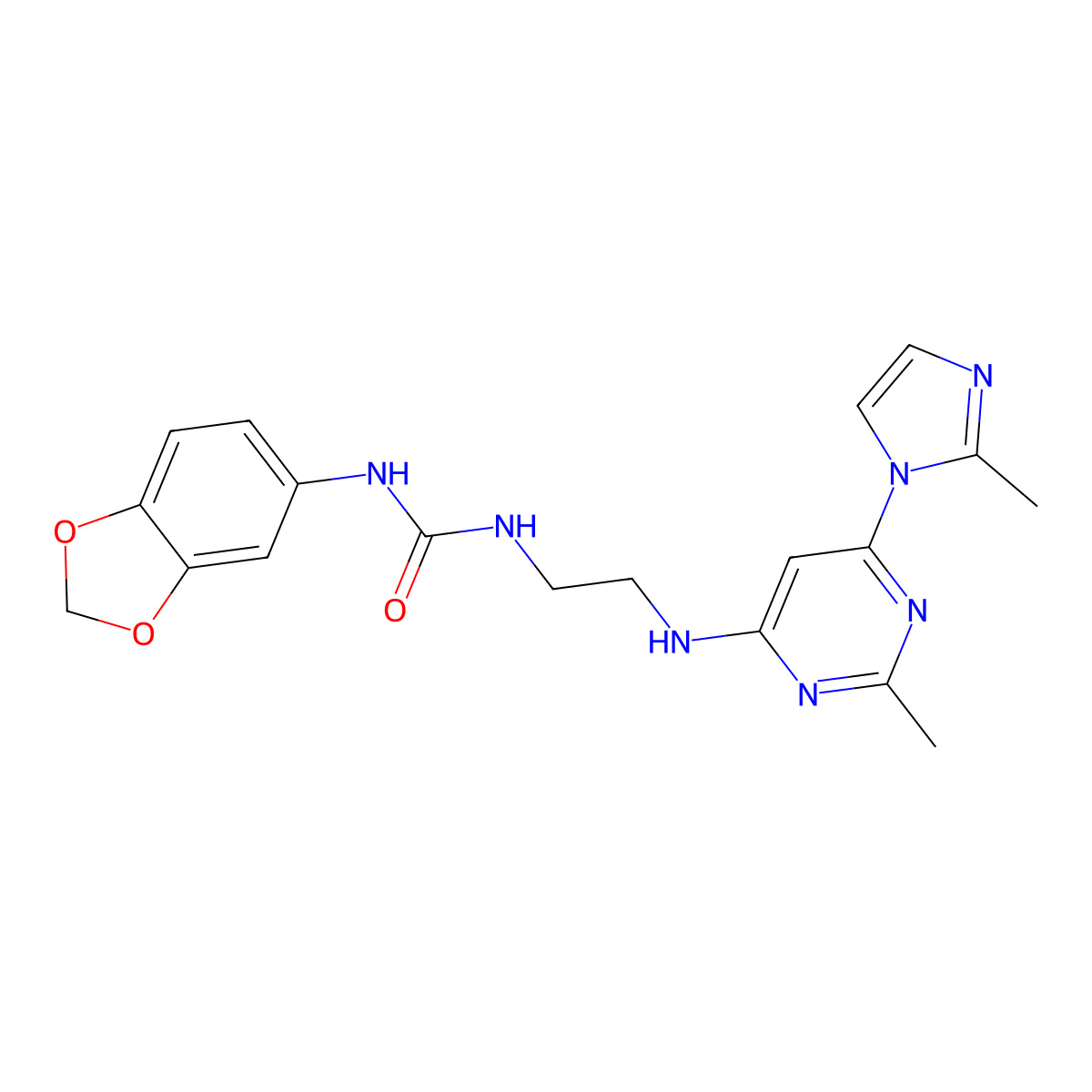 1-(benzo[d][1,3]dioxol-5-yl)-3-(2-((2-methyl-6-(2-methyl-1H-imidazol-1-yl)pyrimidin-4-yl)amino)ethyl)urea molecular structure, CAS 1172935-70-4