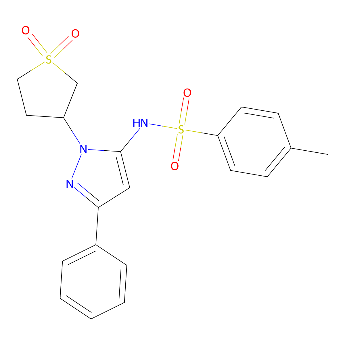 N-(1-(1,1-dioxidotetrahydrothiophen-3-yl)-3-phenyl-1H-pyrazol-5-yl)-4-methylbenzenesulfonamide molecular structure, CAS 1172935-72-6