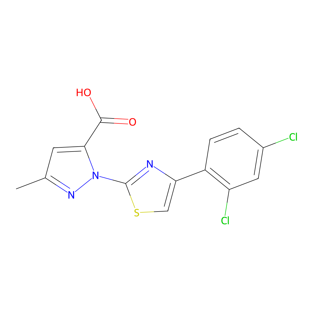 1-[4-(2,4-dichlorophenyl)-1,3-thiazol-2-yl]-3-methyl-1H-pyrazole-5-carboxylic acid molecular structure, CAS 1172936-72-9