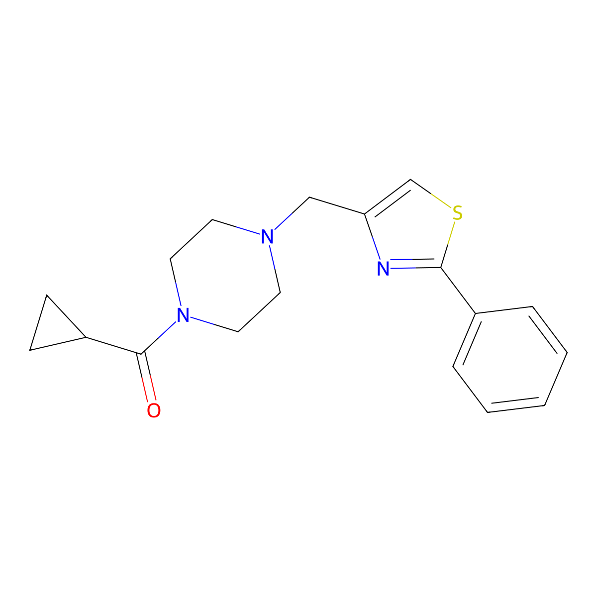 1-Cyclopropanecarbonyl-4-[(2-phenyl-1,3-thiazol-4-yl)methyl]piperazine molecular structure, CAS 1172937-67-5