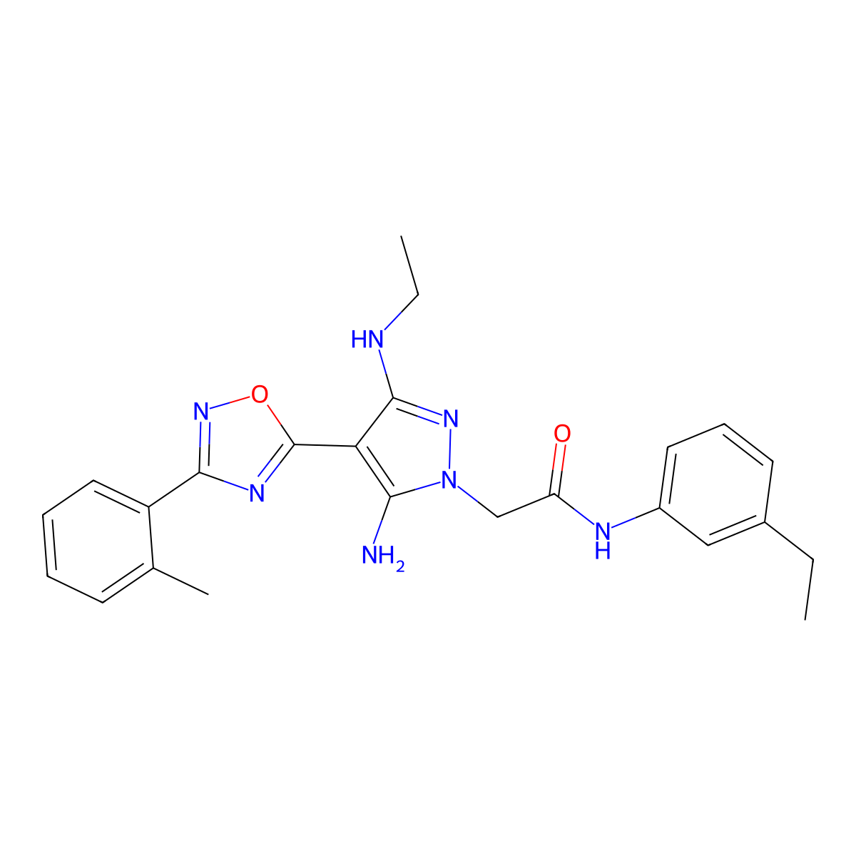 2-(5-amino-3-(ethylamino)-4-(3-(o-tolyl)-1,2,4-oxadiazol-5-yl)-1H-pyrazol-1-yl)-N-(3-ethylphenyl)acetamide molecular structure, CAS 1172938-89-4