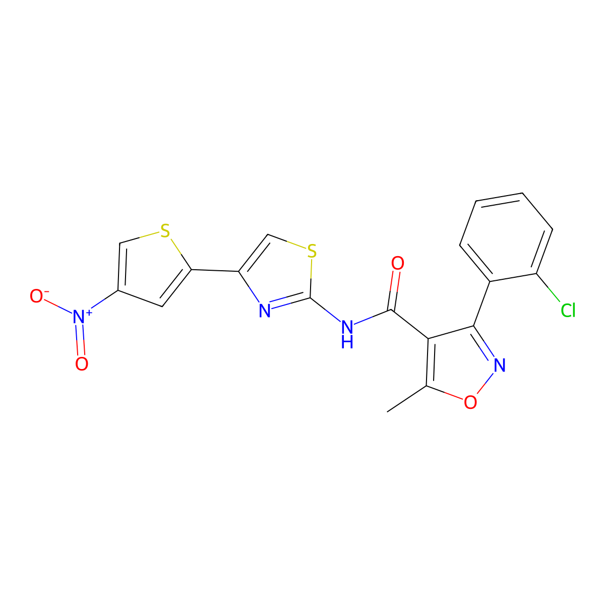 3-(2-chlorophenyl)-5-methyl-N-(4-(4-nitrothiophen-2-yl)thiazol-2-yl)isoxazole-4-carboxamide molecular structure, CAS 1172939-79-5