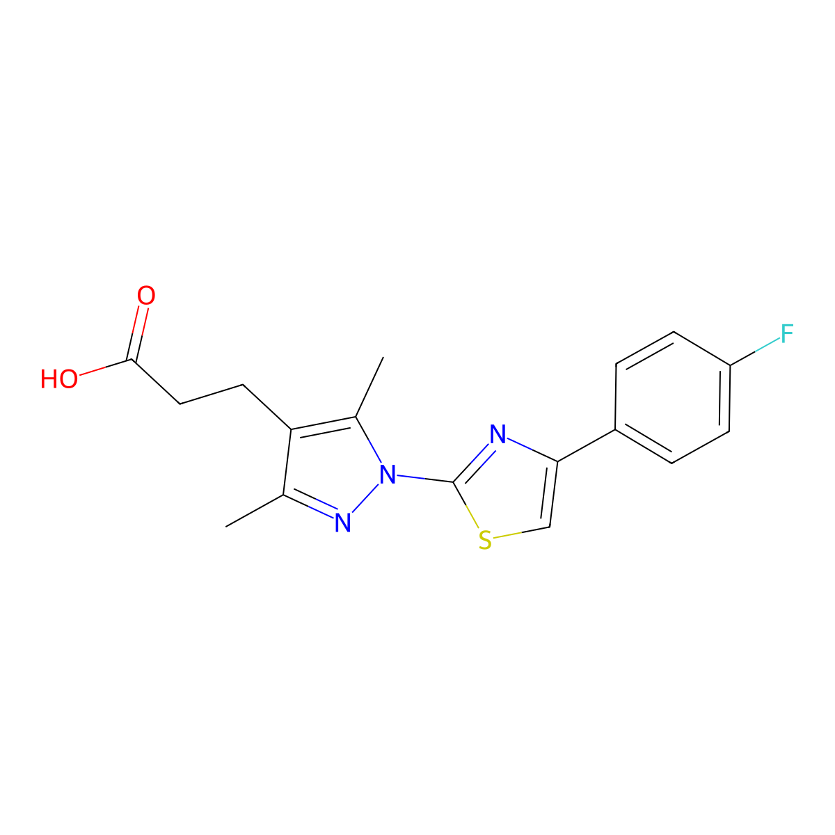 3-(1-(4-(4-fluorophenyl)thiazol-2-yl)-3,5-dimethyl-1H-pyrazol-4-yl)propanoic acid molecular structure, CAS 1172940-17-8