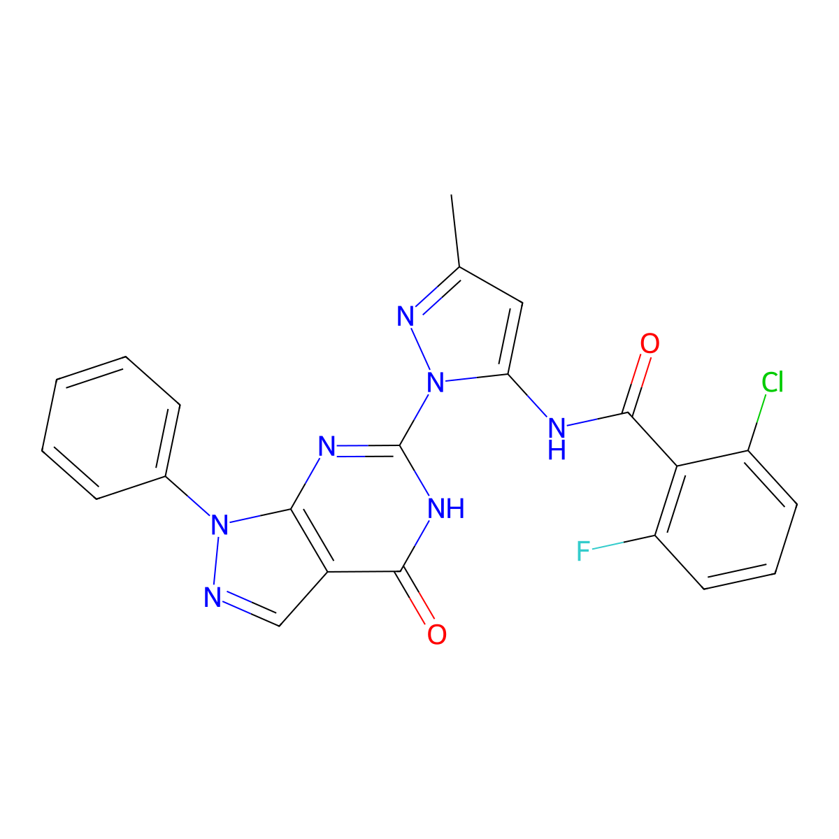 2-chloro-6-fluoro-N-(3-methyl-1-(4-oxo-1-phenyl-4,5-dihydro-1H-pyrazolo[3,4-d]pyrimidin-6-yl)-1H-pyrazol-5-yl)benzamide molecular structure, CAS 1172944-14-7