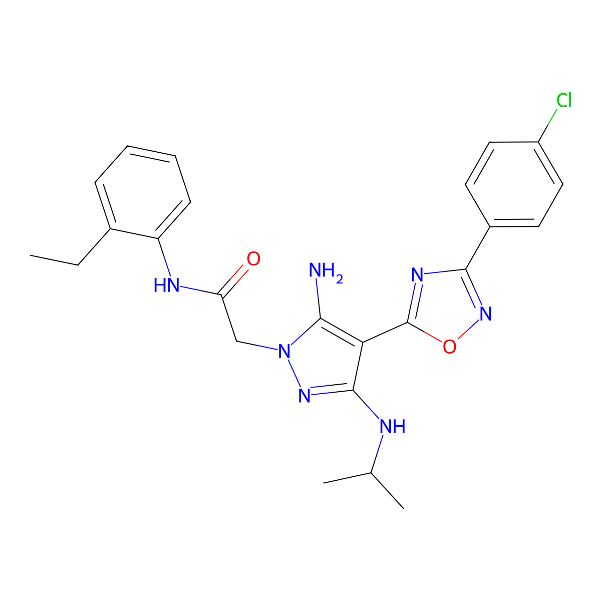 2-(5-amino-4-(3-(4-chlorophenyl)-1,2,4-oxadiazol-5-yl)-3-(isopropylamino)-1H-pyrazol-1-yl)-N-(2-ethylphenyl)acetamide molecular structure, CAS 1172945-68-4