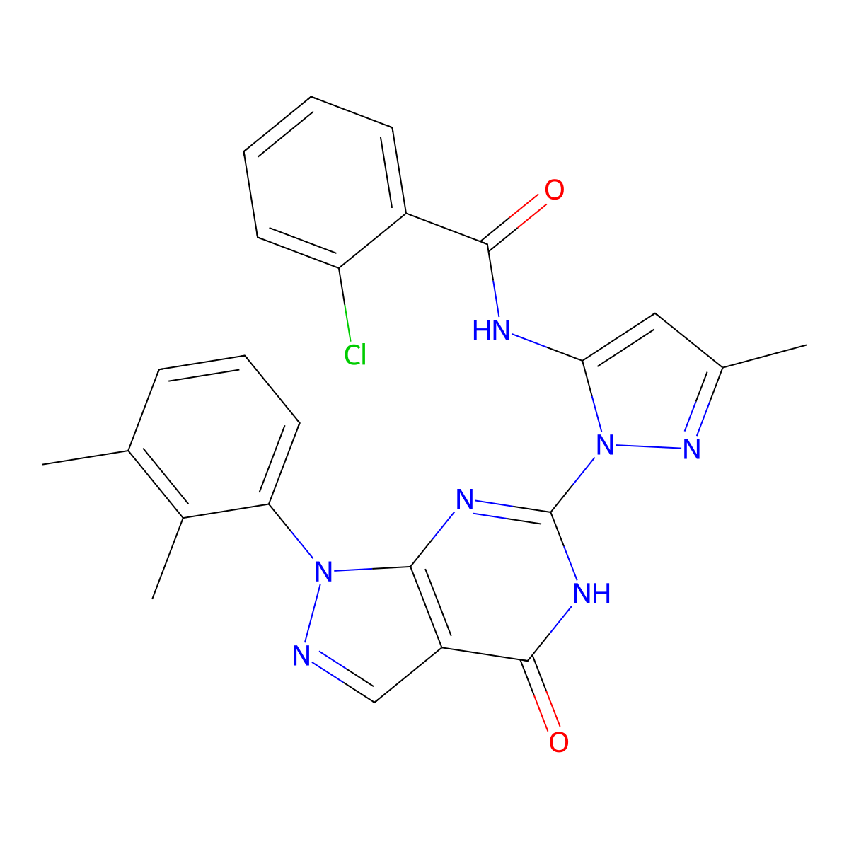 2-chloro-N-(1-(1-(2,3-dimethylphenyl)-4-oxo-4,5-dihydro-1H-pyrazolo[3,4-d]pyrimidin-6-yl)-3-methyl-1H-pyrazol-5-yl)benzamide molecular structure, CAS 1172948-33-2