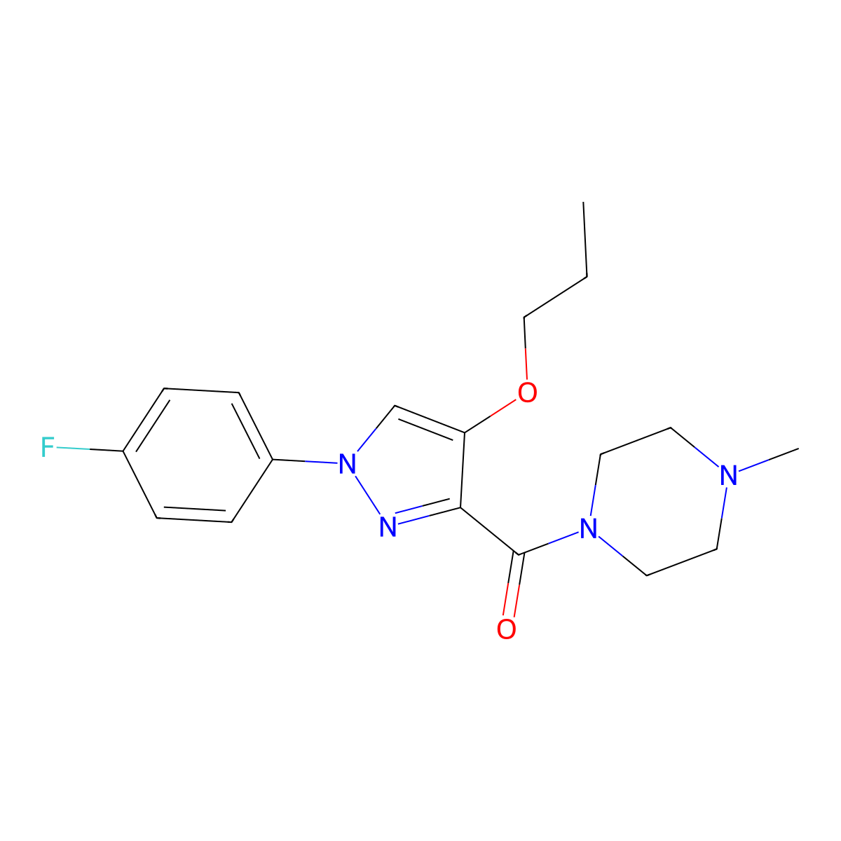 (1-(4-fluorophenyl)-4-propoxy-1H-pyrazol-3-yl)(4-methylpiperazin-1-yl)methanone molecular structure, CAS 1172950-81-0