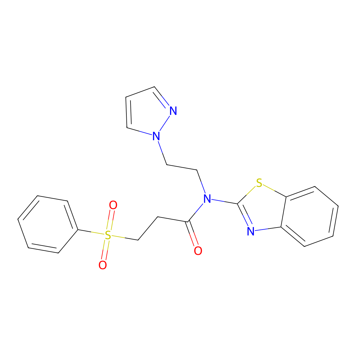N-(2-(1H-pyrazol-1-yl)ethyl)-N-(benzo[d]thiazol-2-yl)-3-(phenylsulfonyl)propanamide molecular structure, CAS 1172952-10-1