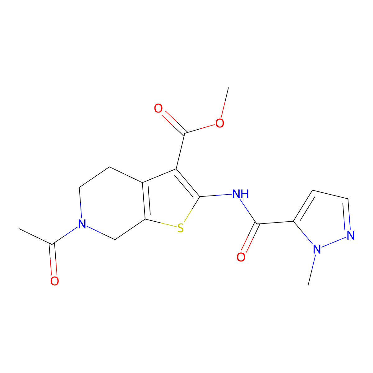 methyl 6-acetyl-2-(1-methyl-1H-pyrazole-5-carboxamido)-4,5,6,7-tetrahydrothieno[2,3-c]pyridine-3-carboxylate molecular structure, CAS 1172954-82-3