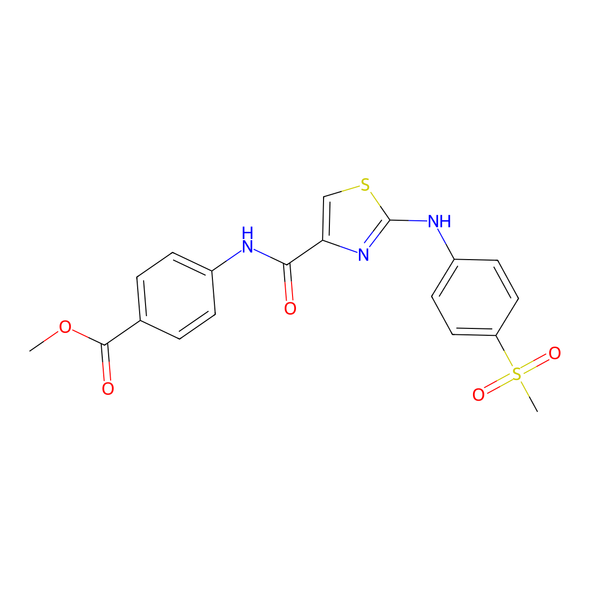 Methyl 4-(2-((4-(methylsulfonyl)phenyl)amino)thiazole-4-carboxamido)benzoate molecular structure, CAS 1172954-99-2