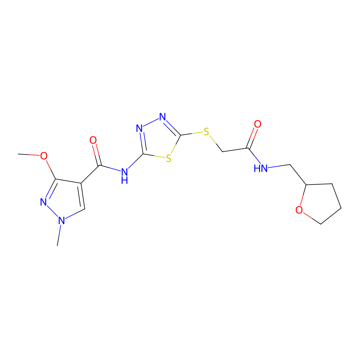 3-methoxy-1-methyl-N-(5-((2-oxo-2-(((tetrahydrofuran-2-yl)methyl)amino)ethyl)thio)-1,3,4-thiadiazol-2-yl)-1H-pyrazole-4-carboxamide molecular structure, CAS 1172955-86-0